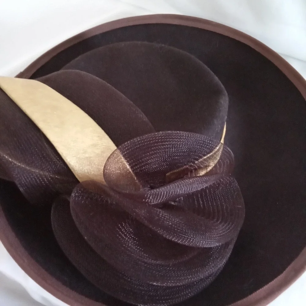 Bollman Bellini New York Brown Wool Felt Wide Brim Hat Gold Mesh Flower Vintage